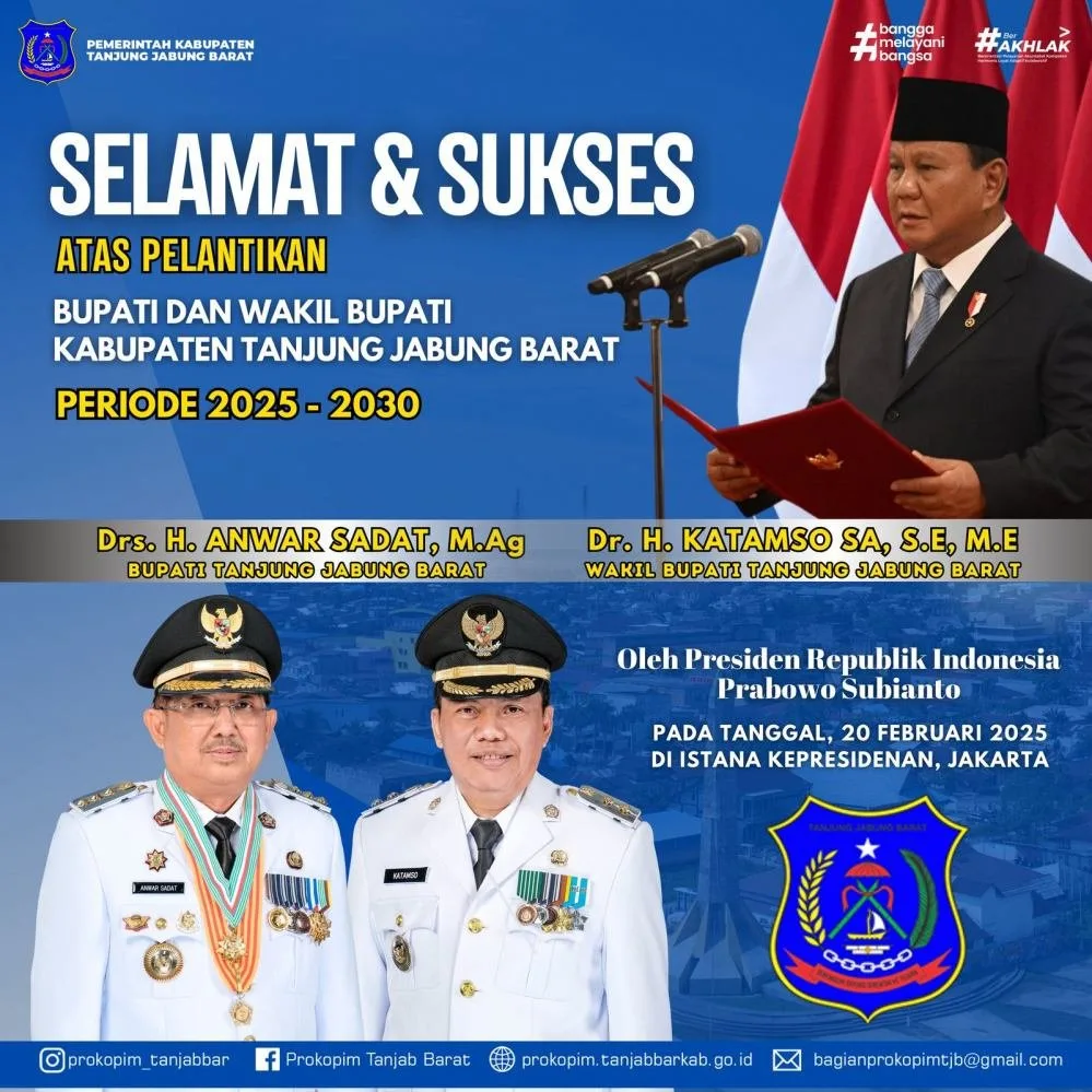 Bupati Tanjung Jabung Barat 2025-2030 Resmi  dilantik, Anwar Sadat: "Kami Siap bekerja keras mewujudkan visi dan misi pembangunan daerah  demi kesejahteraan Masyarakat"